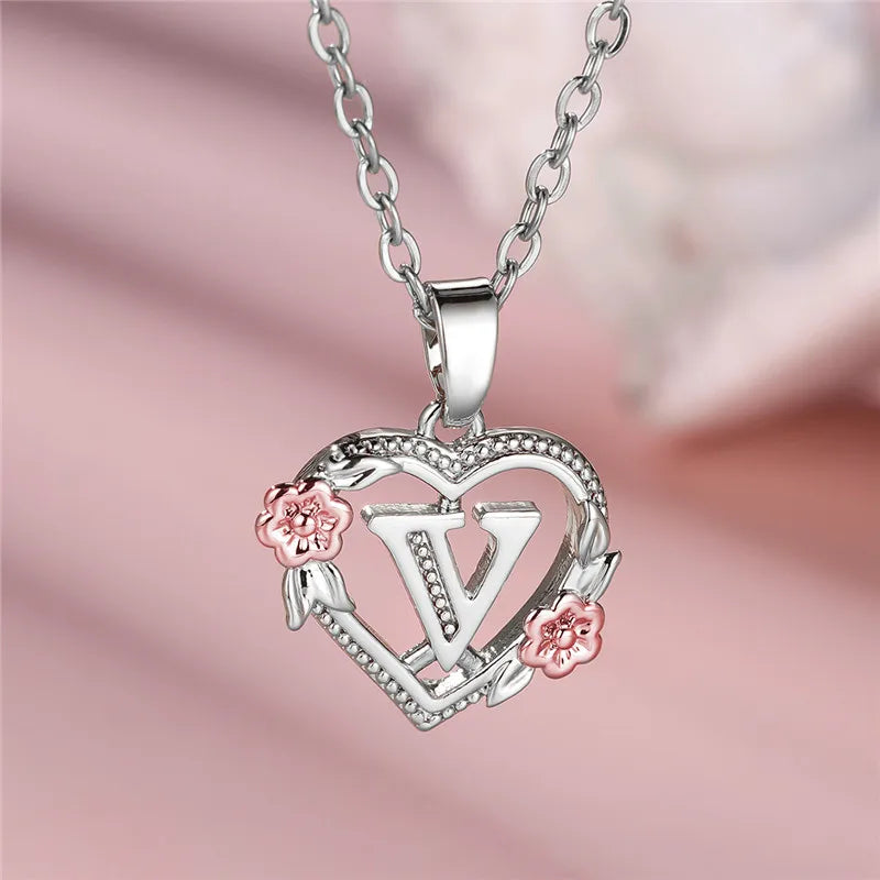 Charming Silver A-Z Letter Flower Pendant Necklace for Women V