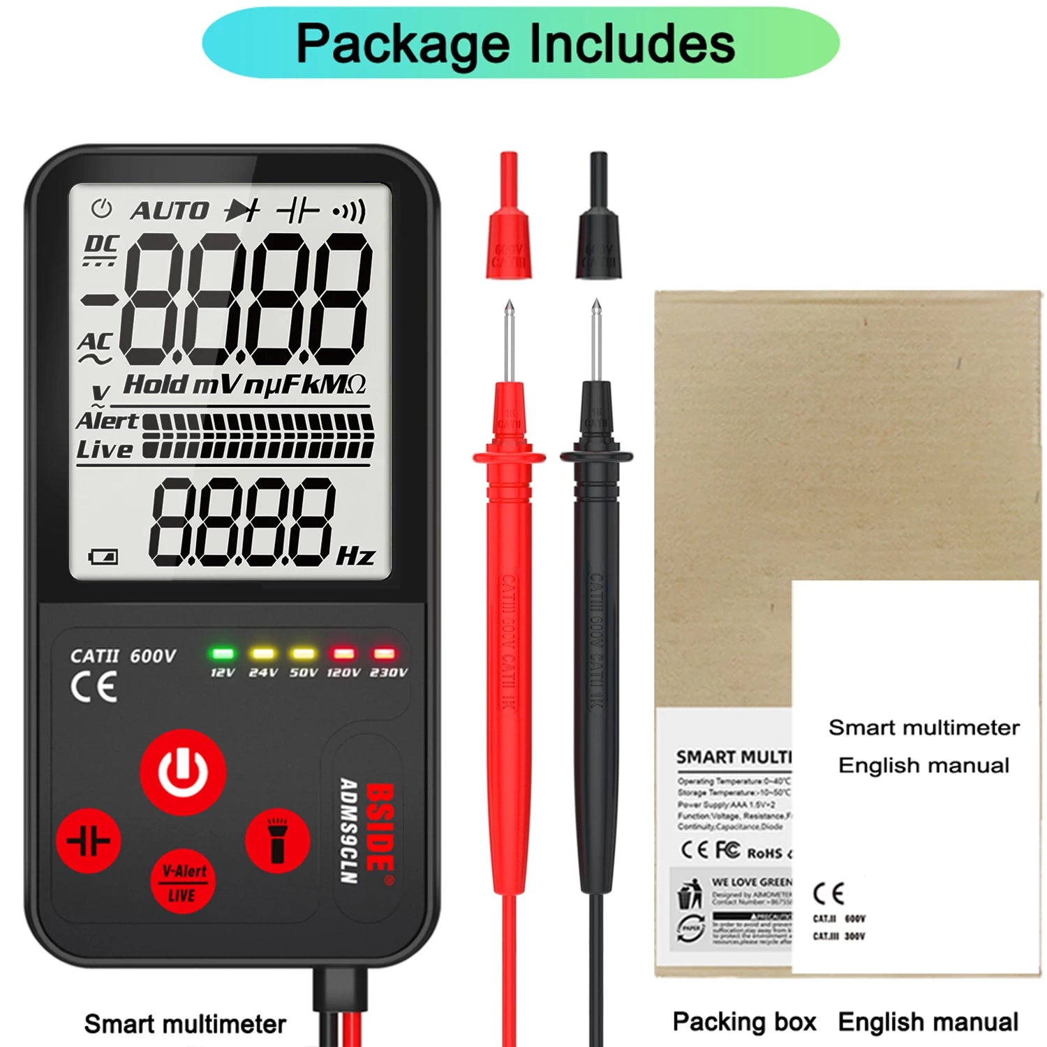 BSIDE ADMS9LN &ndash; Large Screen Multimeter T-RMS DC/AC NCV