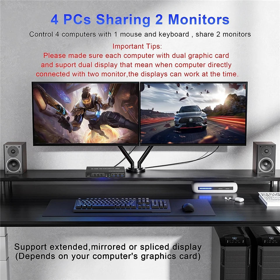 4 Port HDMI USB 3.0 KVM Switch - 4K60Hz Dual Display