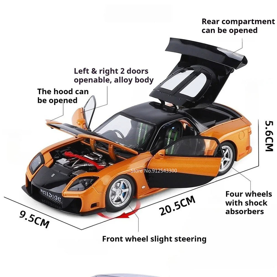 Model de mașină diecast 1:24 cu direcție pe roțile din față, uși deschise pentru Mazda RX-7