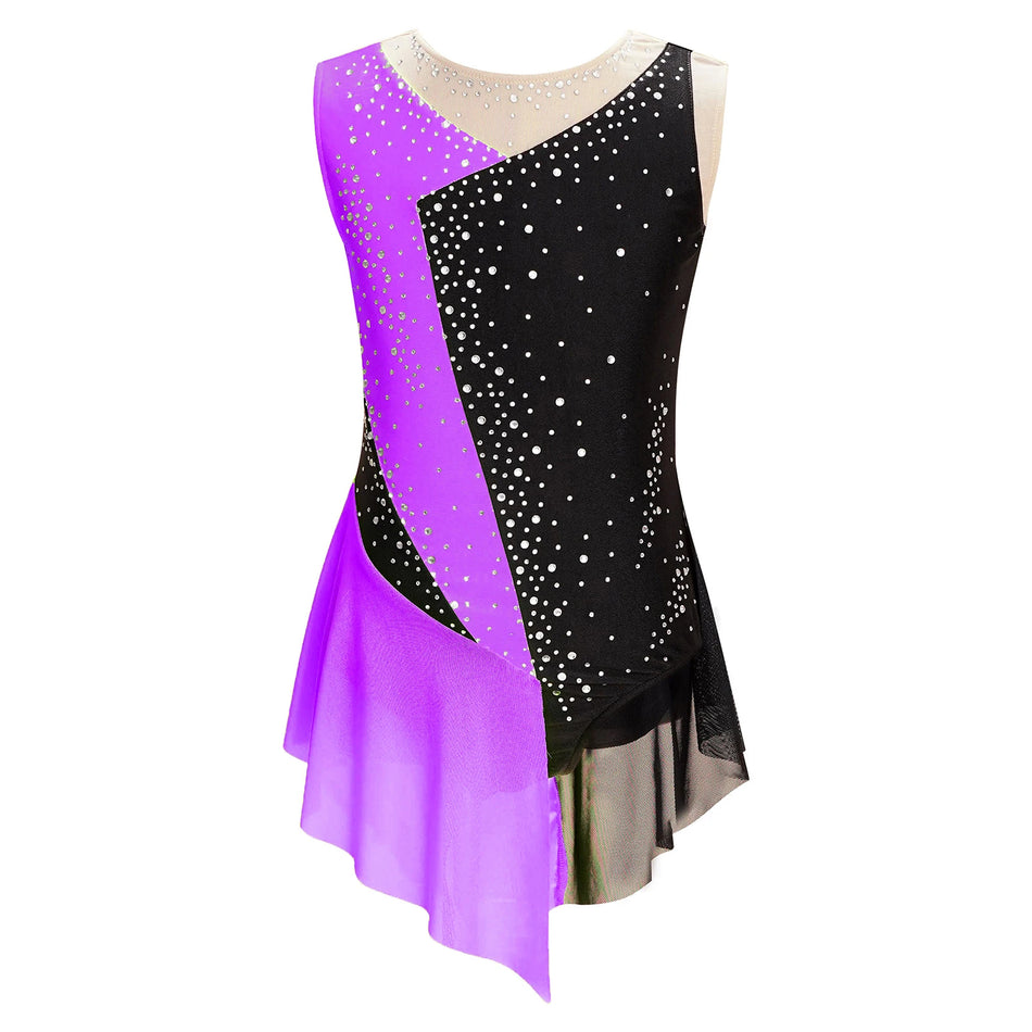 Girls Figure Ice Skating Dress &ndash; Color Block Rhinestone Design
