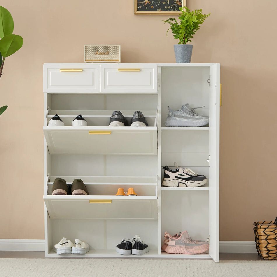 Λευκό Ντουλάπι Παπουτσιών Με Ρυθμιζόμενα Ράφια Και Χρυσά Χερούλια