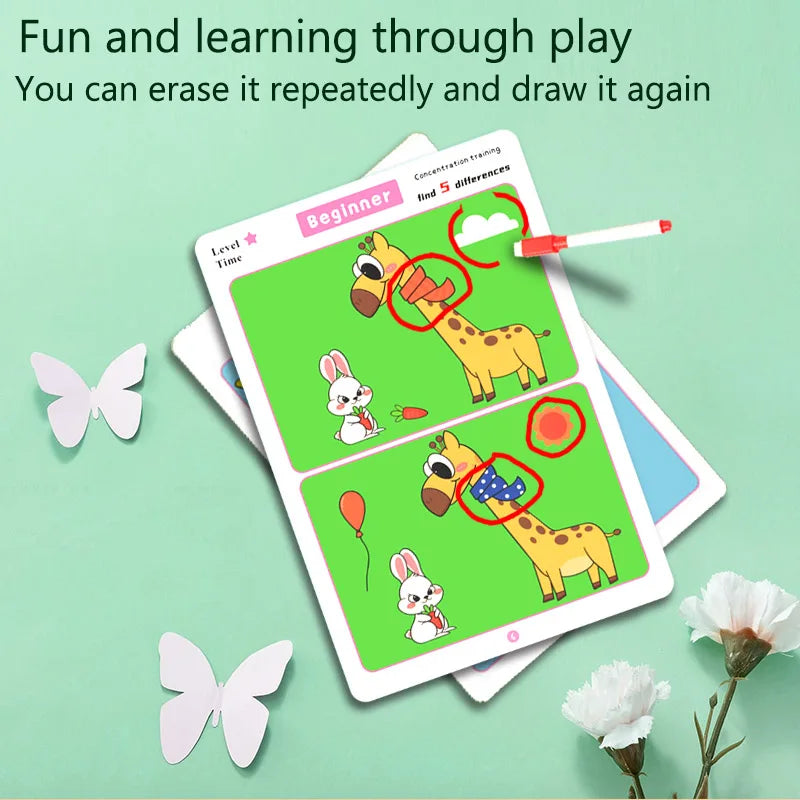 Find the Difference Game, Concentration Training, Educational, Reusable, Erasable Picture Game