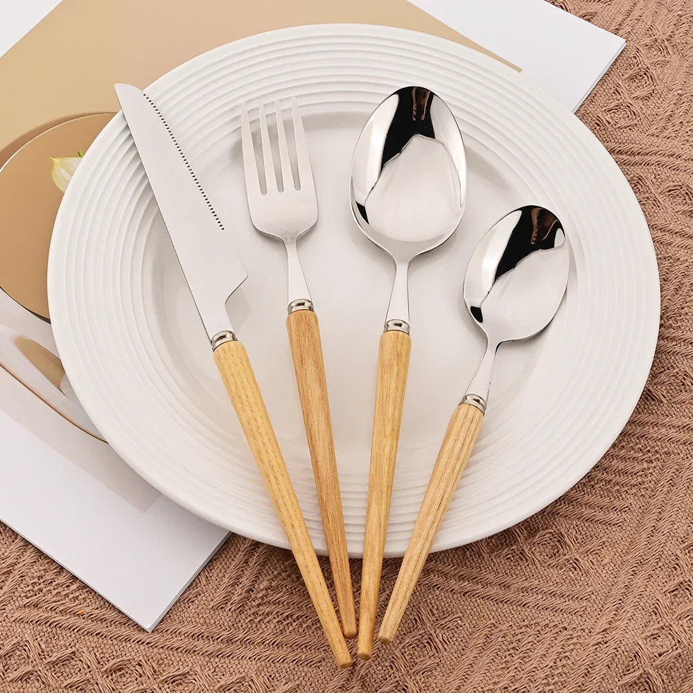 Wooden Handle Stainless Steel Dinnerware Set &ndash; Eco-Friendly Flatware Gift