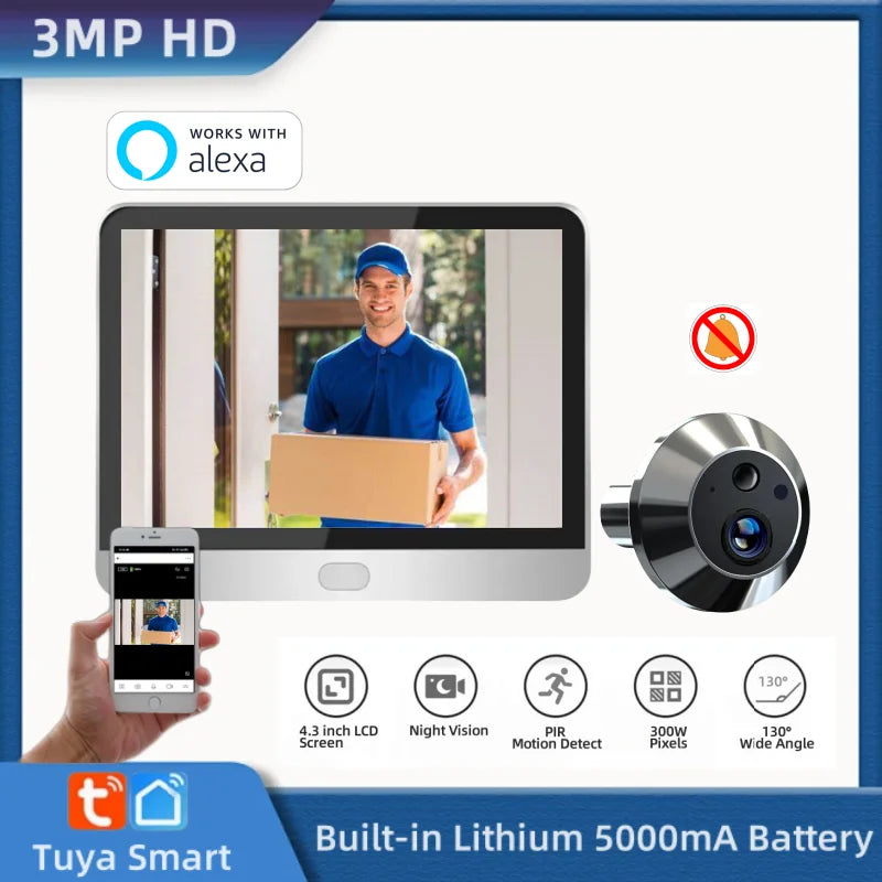 3MP Tuya Smart Video Door Eye Alexa &ndash; 130 Degree Wide Angle 3MP Tuya