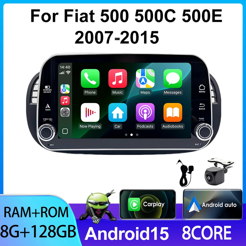 Stereo Android Auto de 7 inch pentru Fiat 500 Abarth 2009-2015 cu suport pentru navigație GPS și cameră de marșarier.