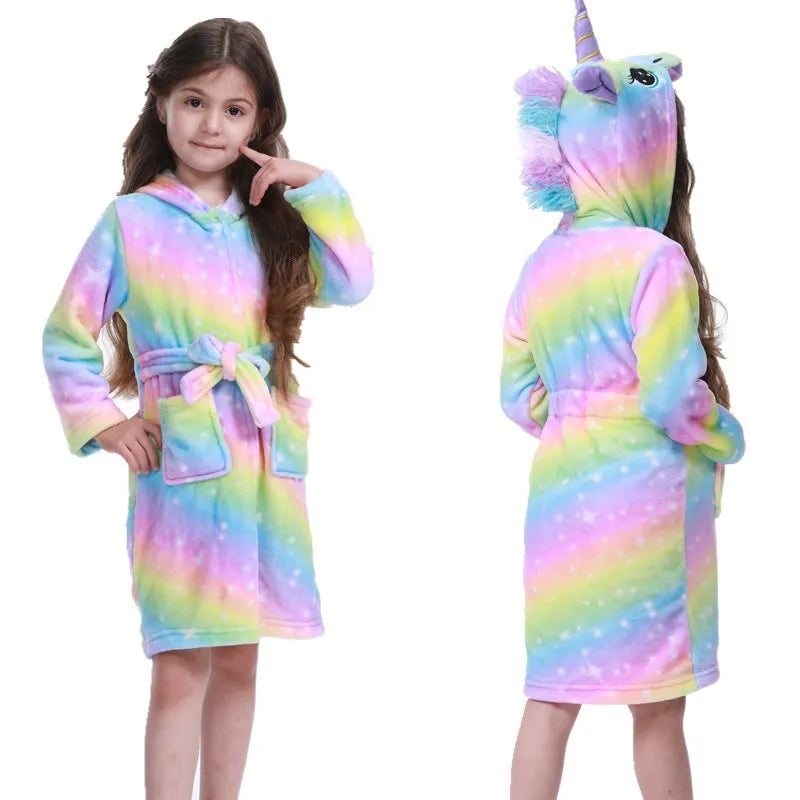 Unicorn Kids Hooded Bathrobe - Flannel Fleece Sleepwear for Girls