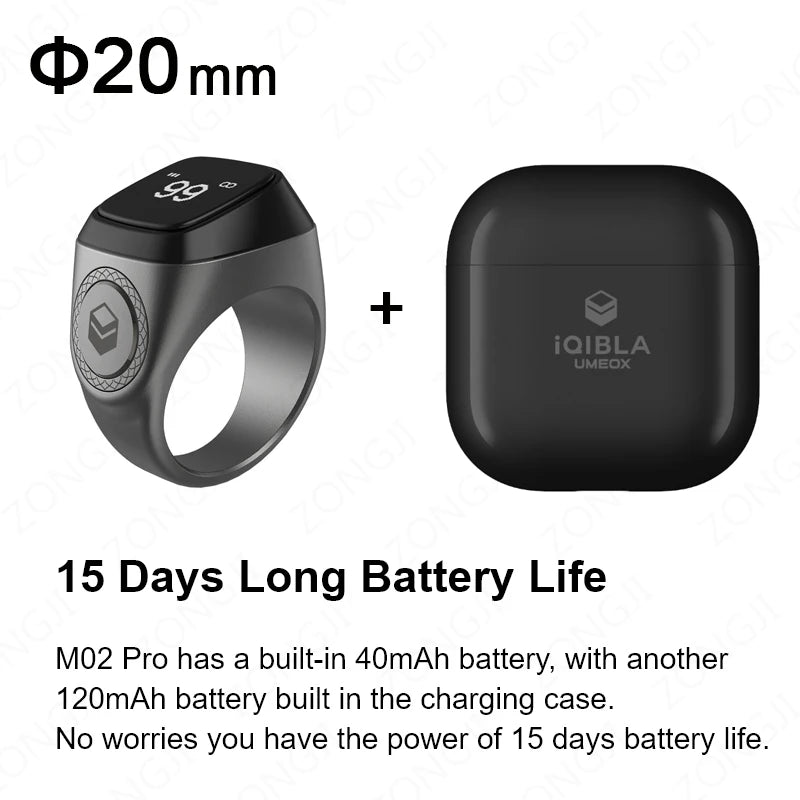 IQibla M02 Pro Smart Digital Tasbeeh Ring with Vibration Reminder Graphite 20mm / CHINA