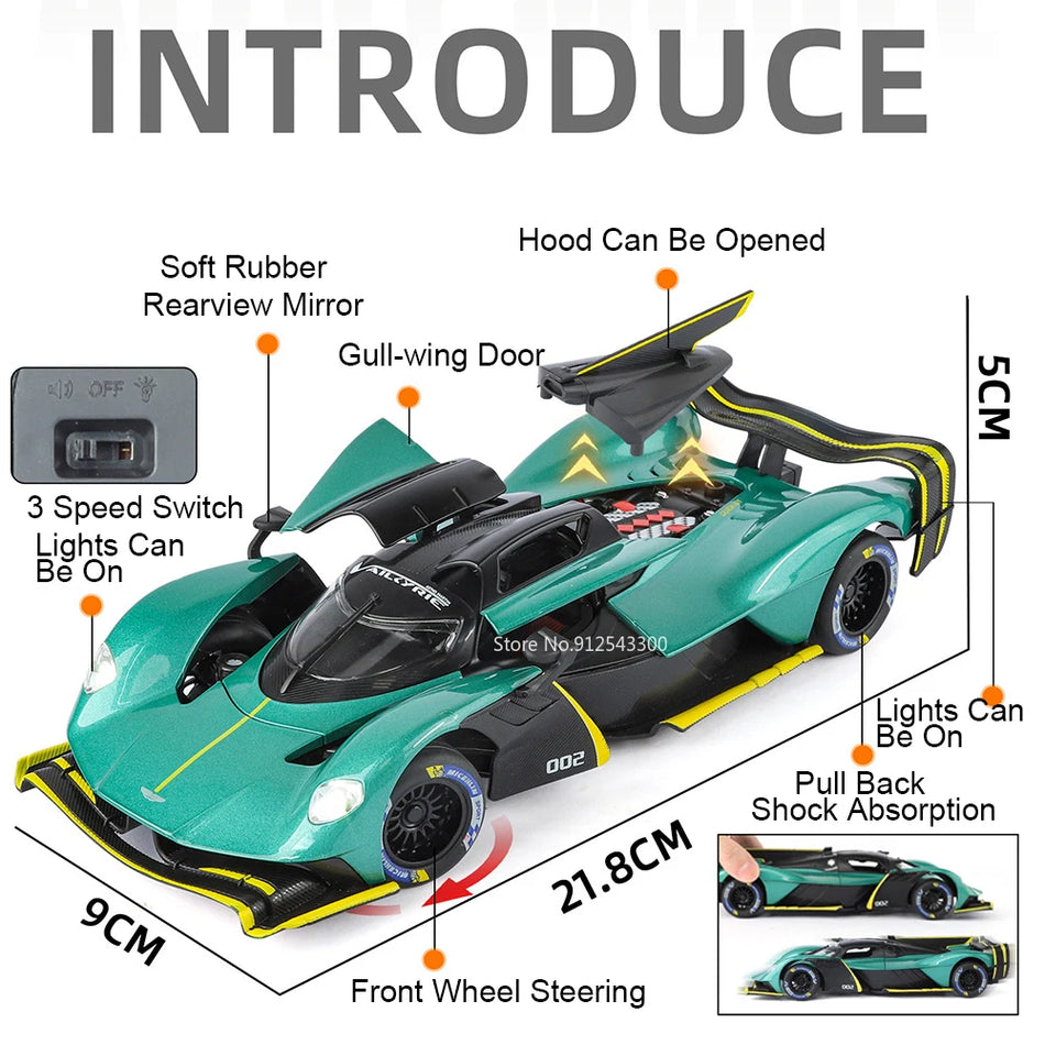 Model de mașină diecast Valkyrie Senna la scară 1:24 cu uși deschise și anvelope din cauciuc