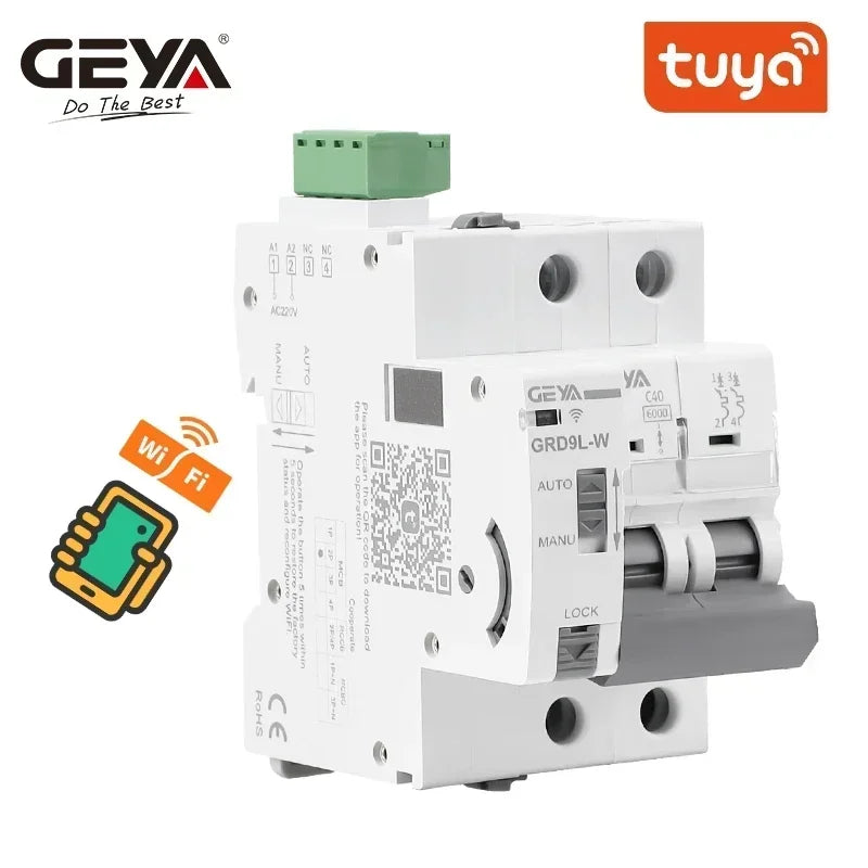 GEYA Smart Wifi MCB Auto Circuit Breaker Recloser 2P 16A-63A GRD9L-W-AC220V Wifi / GYM9-2P-MCB-40A