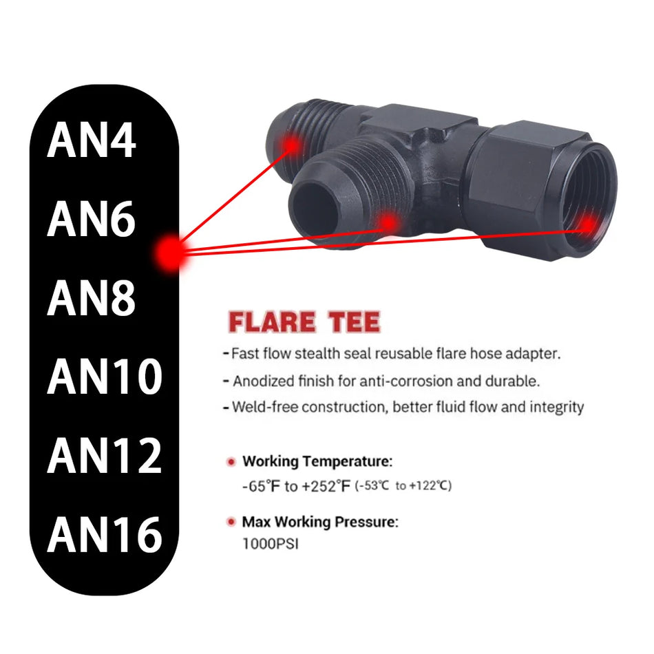 Raccord en T en aluminium à flare AN4-AN12, mâle à femelle, adaptateur pivotant latéral, noir