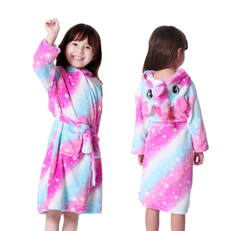 Unicorn Kids Hooded Bathrobe - Flannel Fleece Sleepwear for Girls