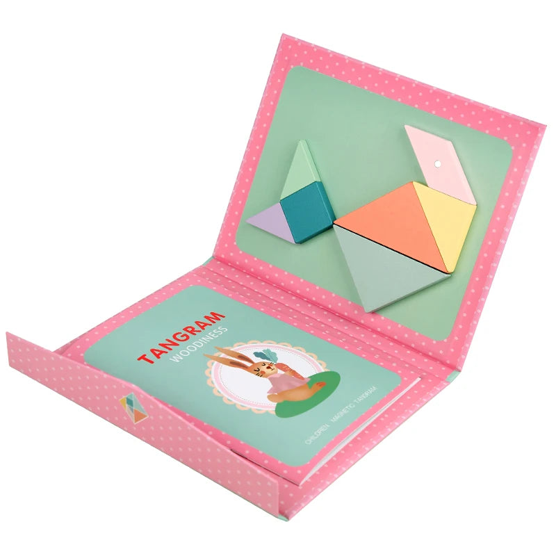 Wooden Jigsaw Magnetic Tangram Puzzle Book - Portable Toy