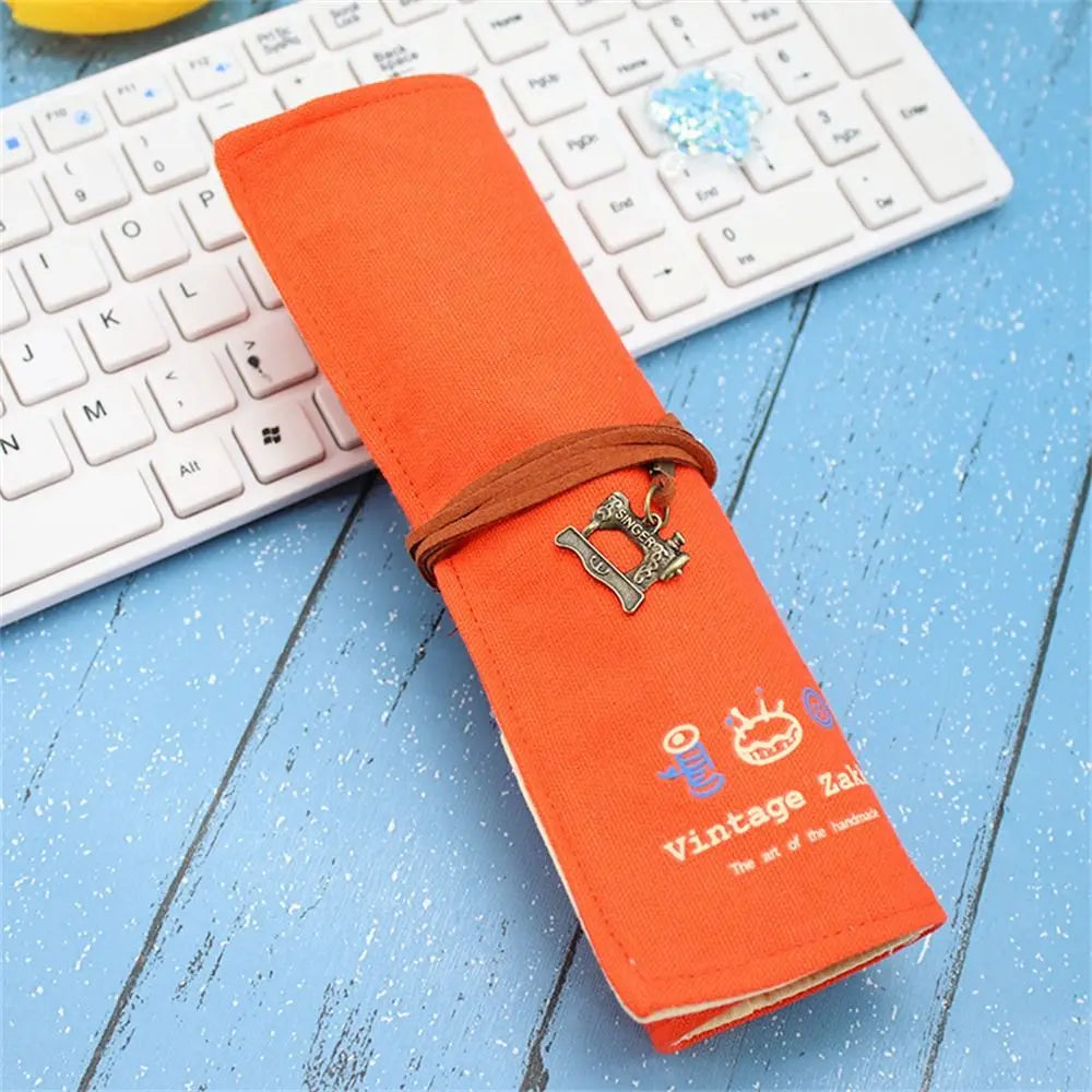 Kawaii 12-Hole Roll-Up Pencil Case for School Supplies Orange