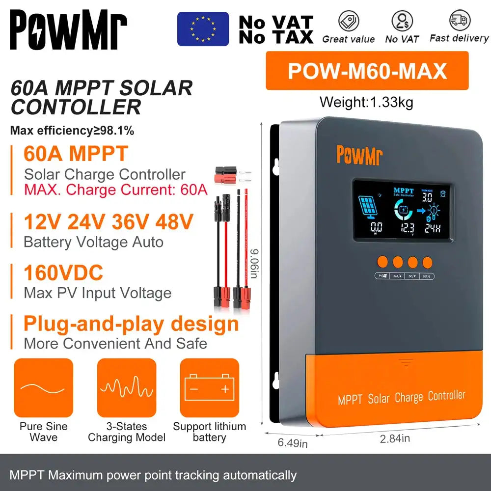 PowMr MPPT Solar Charge Controller &ndash; LCD Display, 12V-48V MPPT 60A-Plug / france