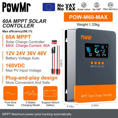 PowMr MPPT Solar Charge Controller &ndash; LCD Display, 12V-48V MPPT 60A-Plug / france