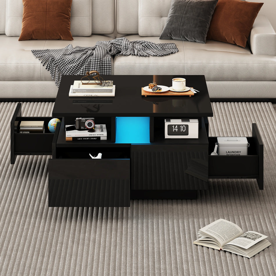 Mesa de café de alto brillo de 70x70x40 cm con LED y cuatro cajones