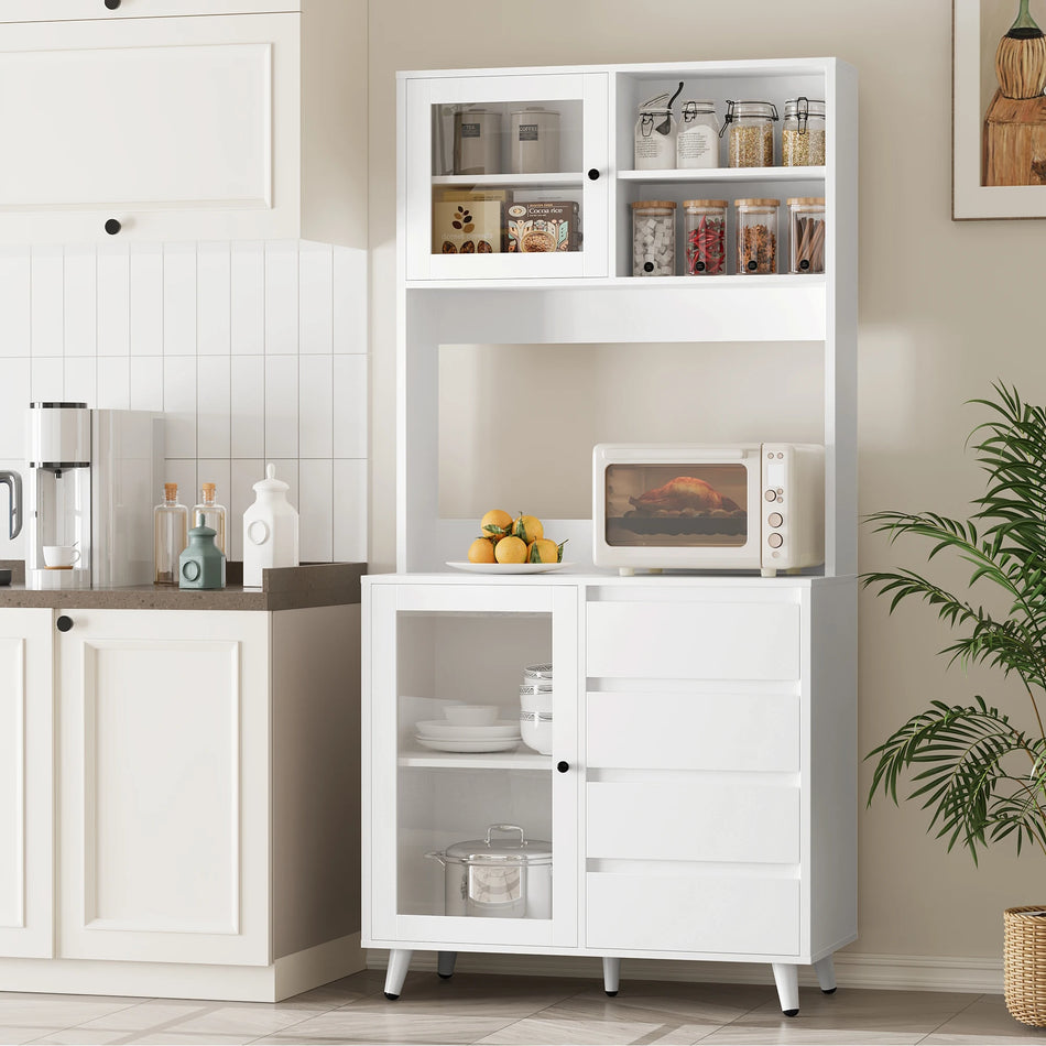 Getone Tall Kitchen Cupboard White 4 Drawers Glass Doors