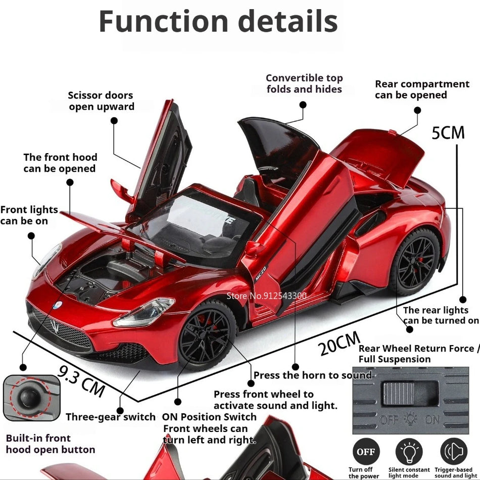 Mașină de jucărie model MC20 GT2 din metal turnat 1:24 cu sunet și lumini