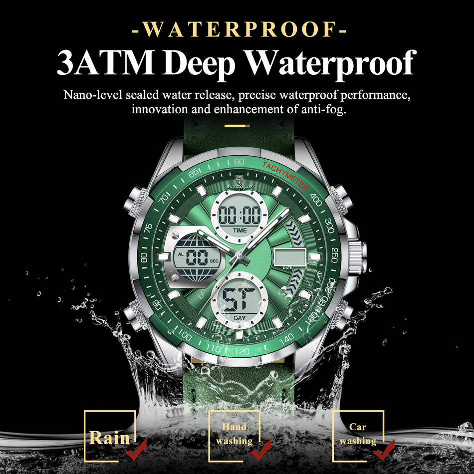 Orologio da uomo di lusso LED POEDAGAR con quadrante luminoso, doppio fuso orario, data