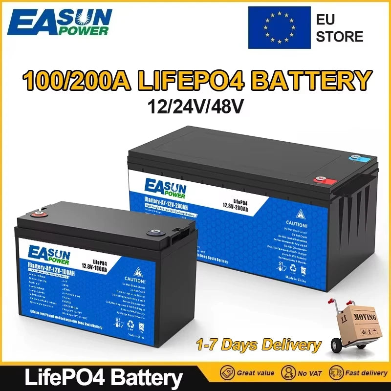 LiFePO4 Pil Paketi 12V/24V 100-200Ah, A Plus Sınıfı, Özelleştirilebilir Paralel Kurulum, 4000 Döngü Ömrü
