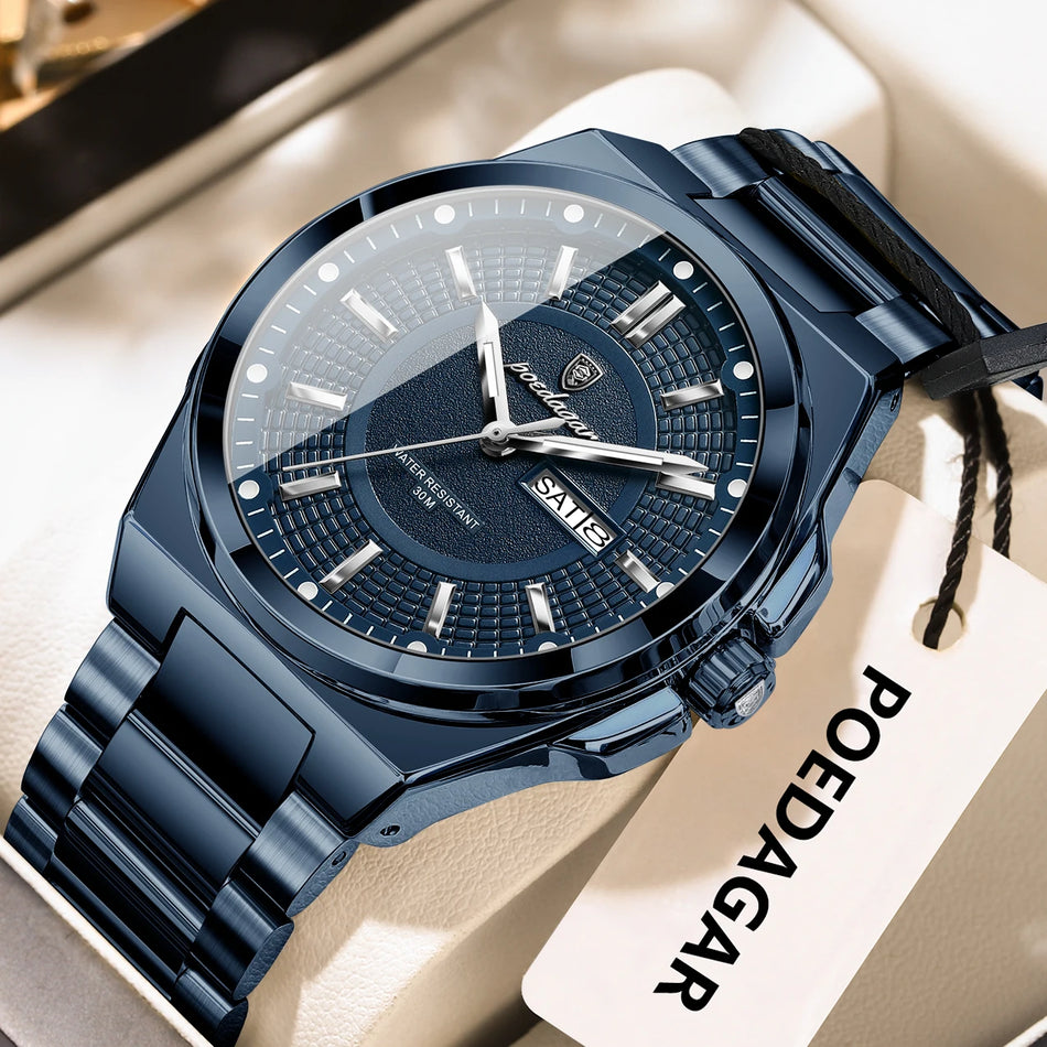 POEDAGAR Stainless Steel Men's Watch, Waterproof Quartz, Date and Day