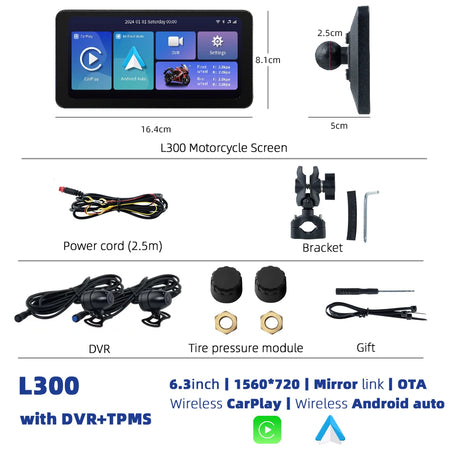 EKIY L300 6.3 Inch Motorcycle Display &ndash; Wireless CarPlay and Android Auto L300-DVR-TPMS