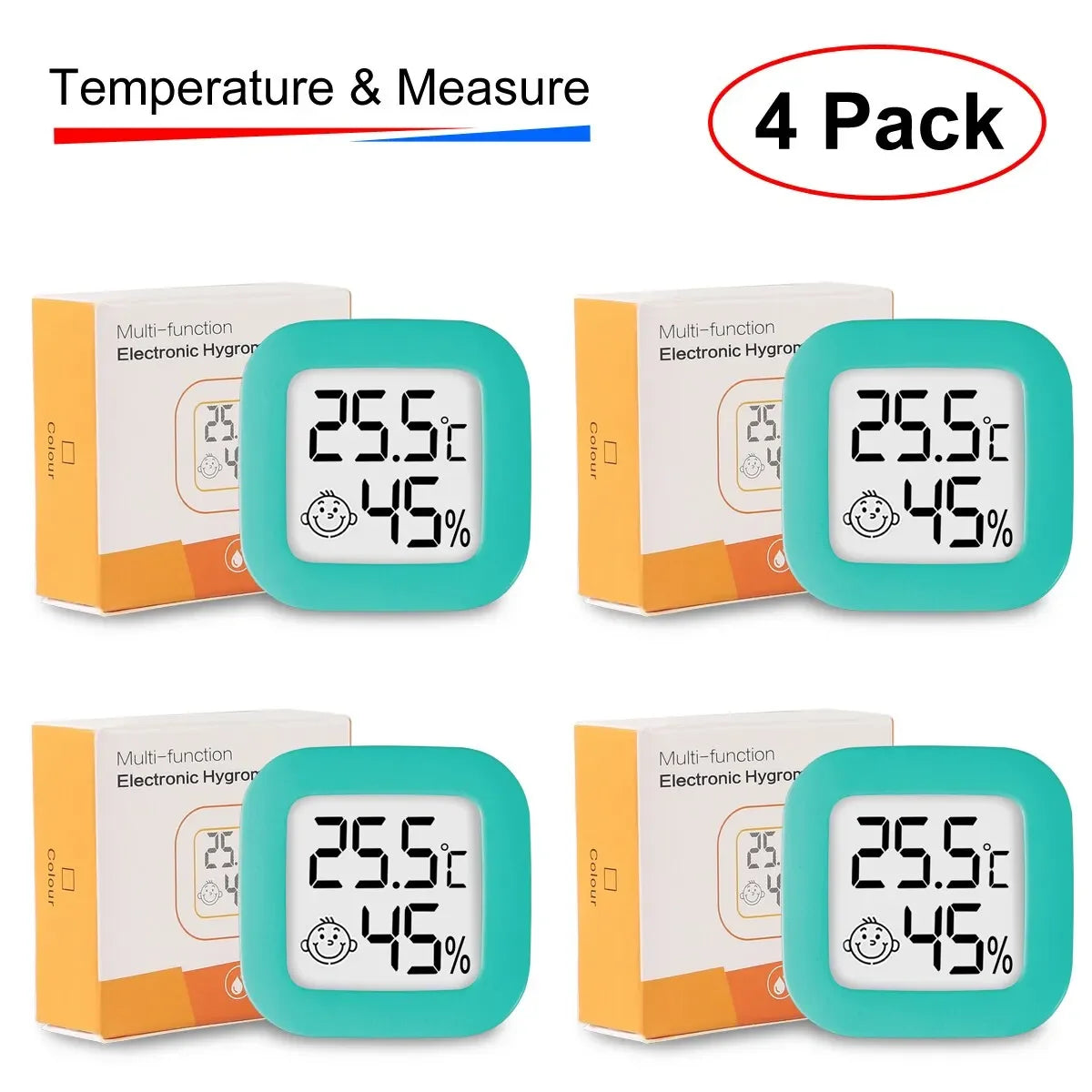 4Pcs Digital Thermometer Hygrometer Set - Wall Hanging LCD 4Pcs Green