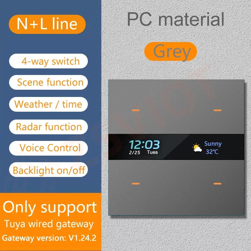 Tuya Zigbee 4 Gang Weather Display Switch &ndash; Time Display Zigbee PC Grey