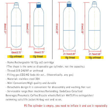 New Design UnThreaded CO2 Cartridge 16G &ndash; Refillable