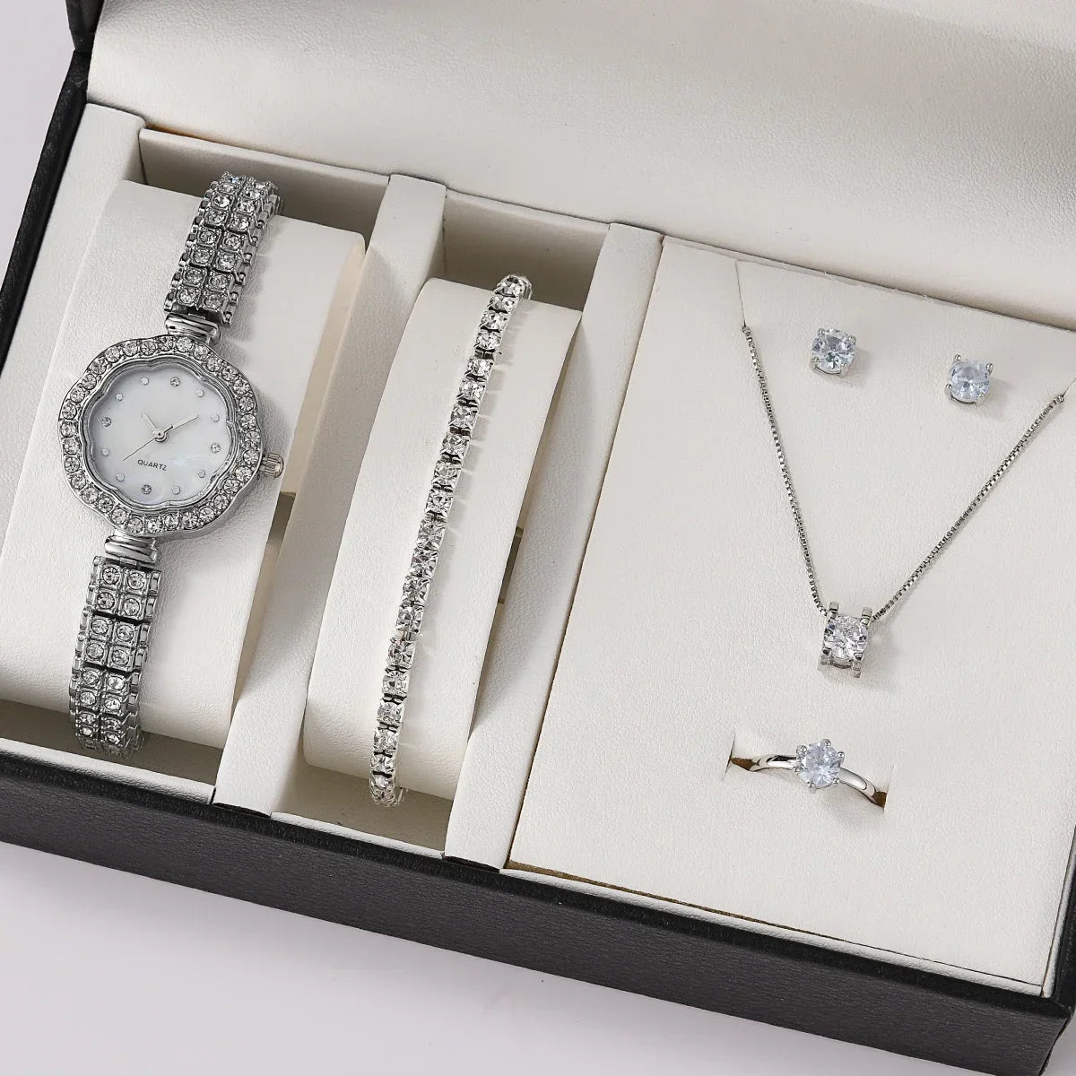 MOONBIFFY Luxury Women&rsquo;s Quartz Watch with Diamond Accents and Matching Jewellery Set