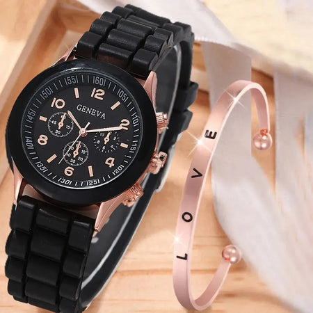 Elegant Women's White Silicone Quartz Watch Set XR4908-BK-H57-RGO