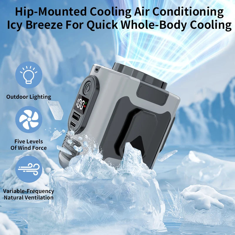 15000mAh Portable Neck and Waist Fan, 5 Speeds, LED Light for Outdoor Work