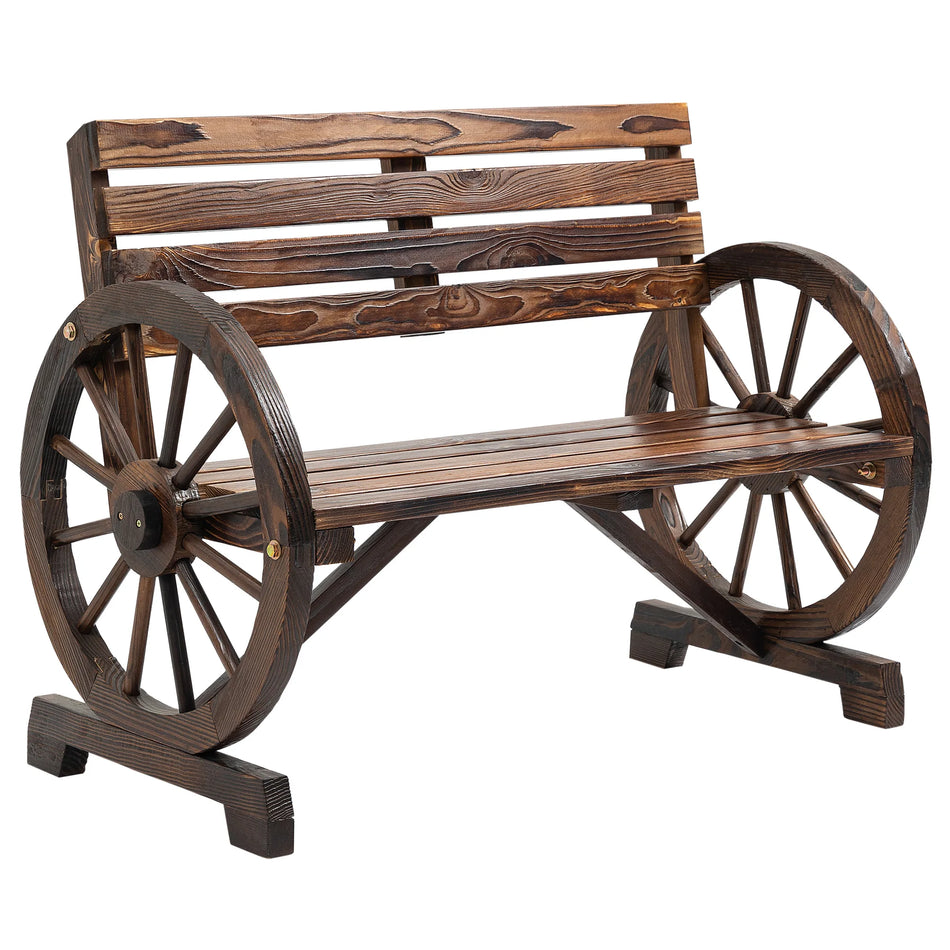 Rustic Two Person Wooden Garden Bench With Wagon Wheel Arms
