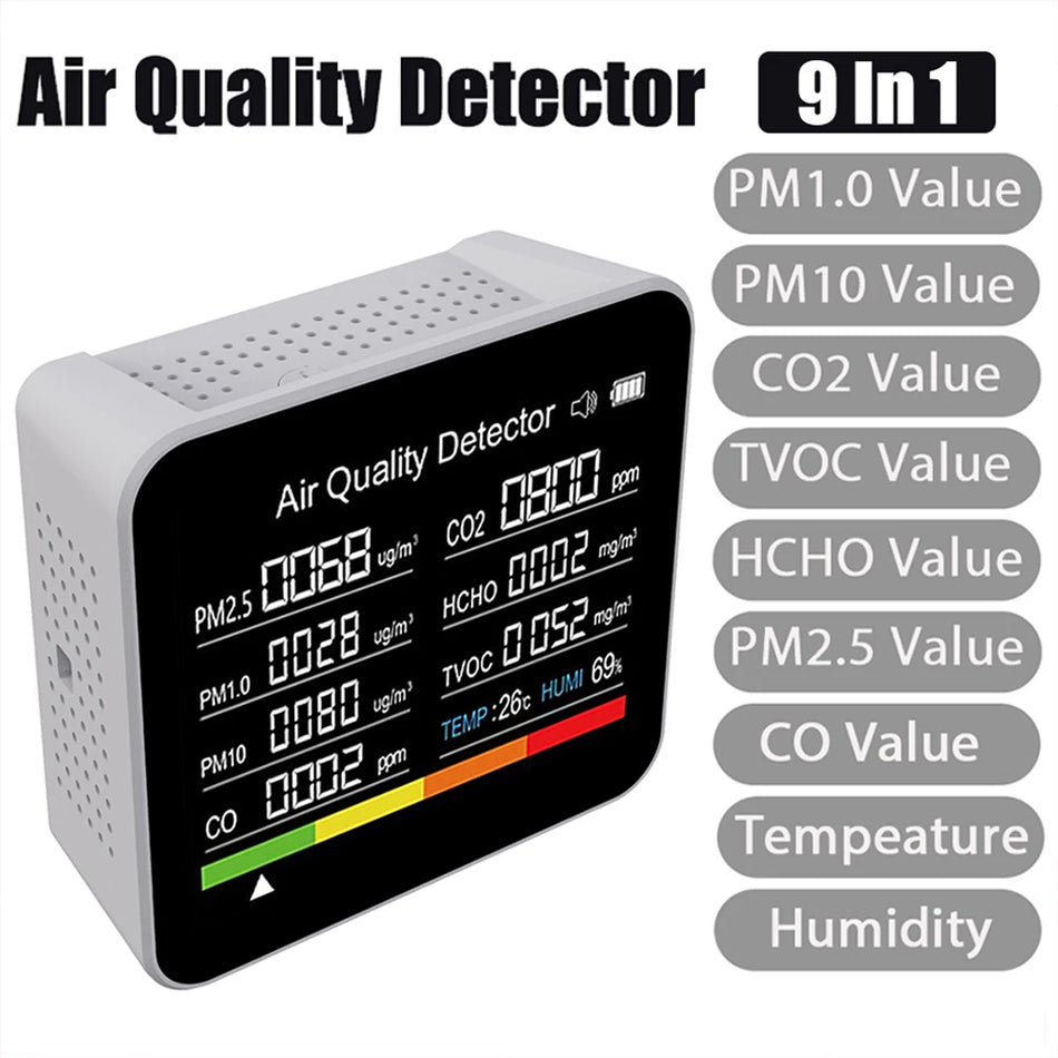 9 In 1 Luchtkwaliteitsanalysator CO2 Meter TVOC HCHO PM25 PM10