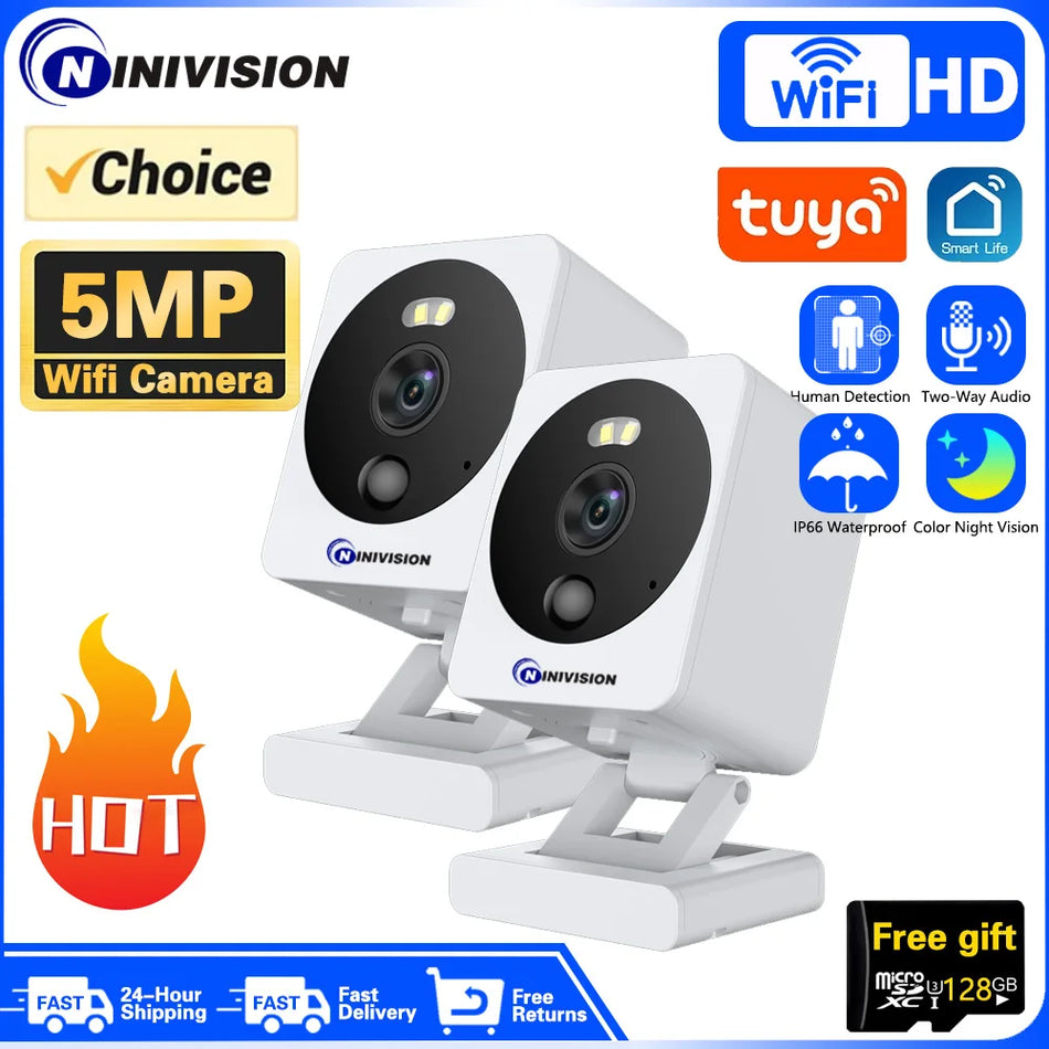 5MP HD WiFi Indoor Camera with Night Vision &amp; Human Detection | TUYA App 2PCS 5MP 128G Card / UK Plug