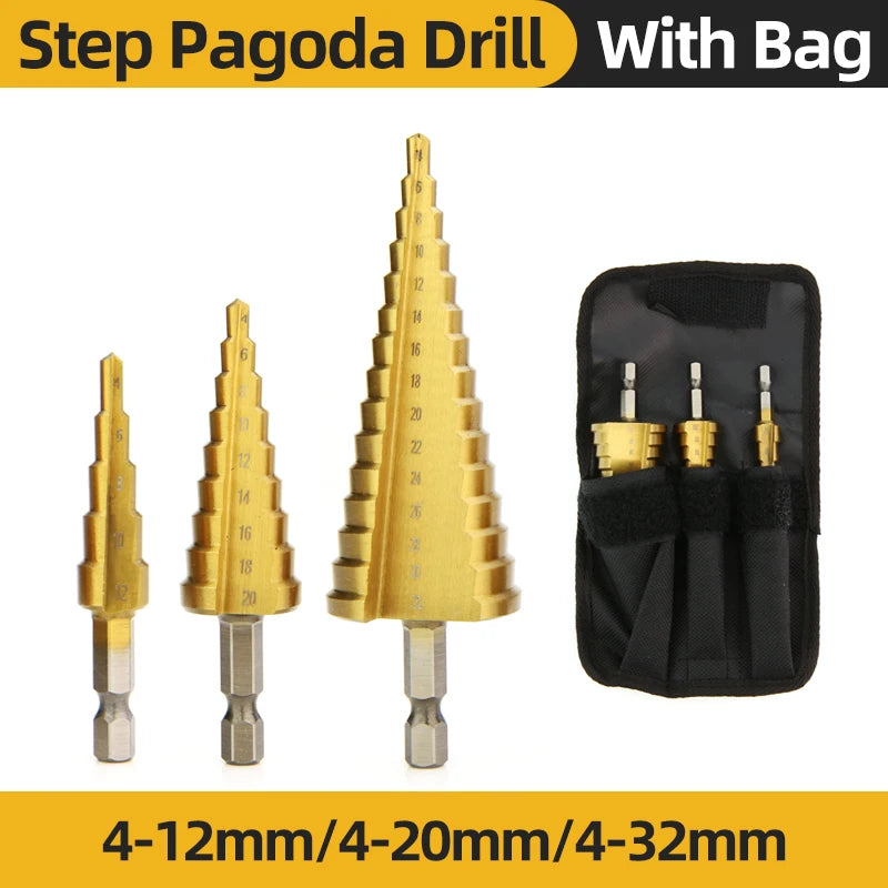 HSS Titanium Step Drill Bit Set for Metal &amp; Wood - High-Speed Steel, 4-12mm, 4-20mm, 4-32mm 4-12 4-20 4-32 bag