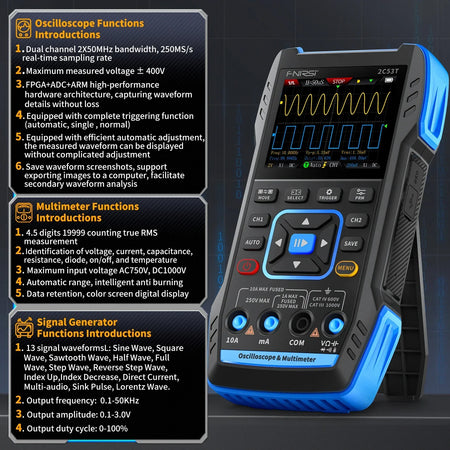 FNIRSI 2C23T 2C53T &ndash; 3 in 1 Dual Channel Handheld Digital Oscilloscope Multimeter Signal Generator