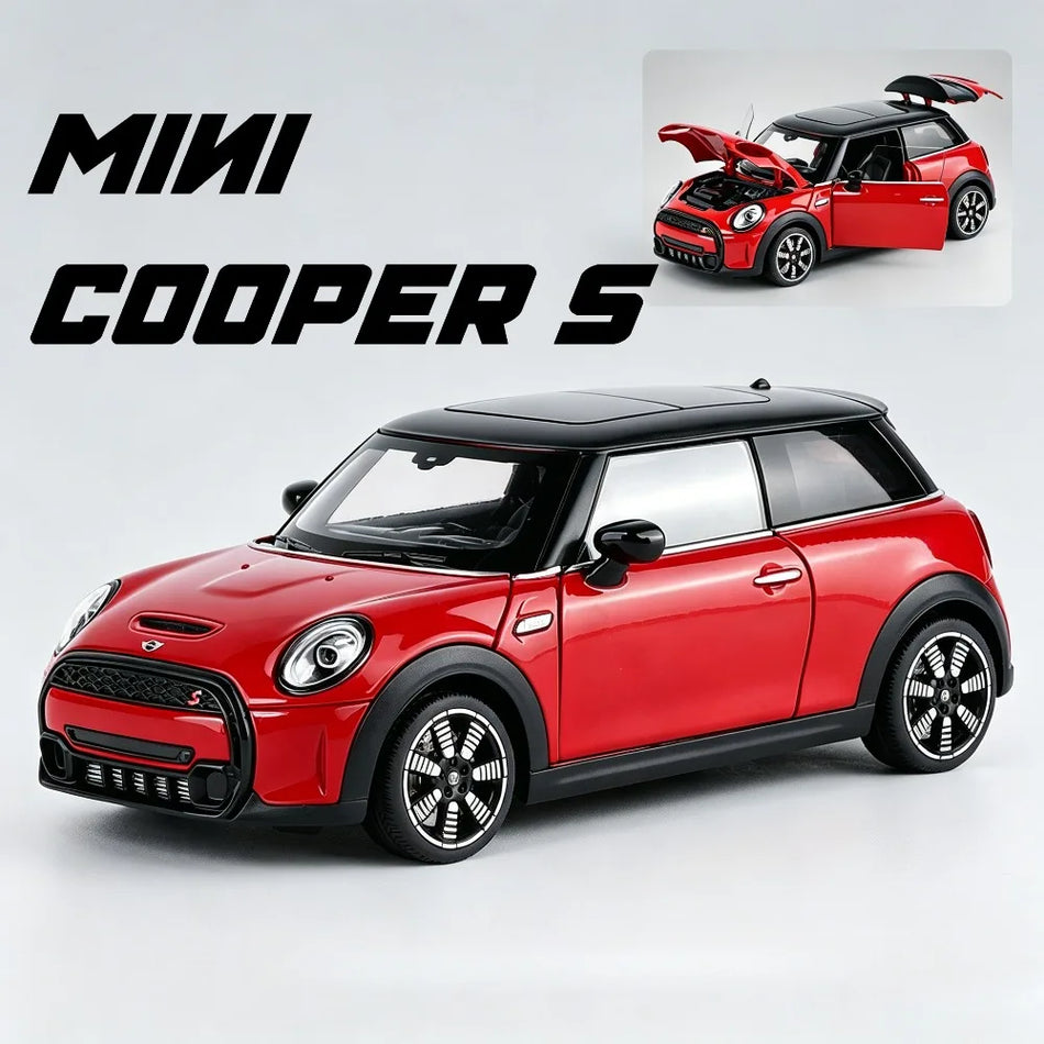 Modelo de coche a escala 1:24 de metal fundido con dirección en las ruedas delanteras para Mini Cooper S