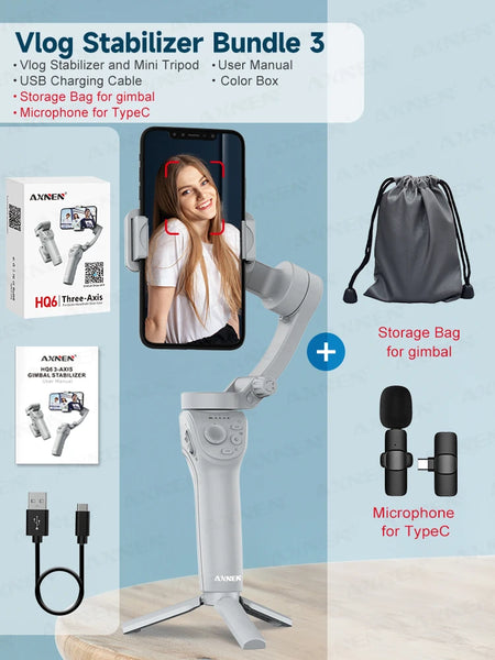 HQ6 3 Axis Anti-Shake Vlog Stabilizer &ndash; Adjustable Fill Light and Face Tracking AXNEN HQ6 Bundle 3 / CHINA