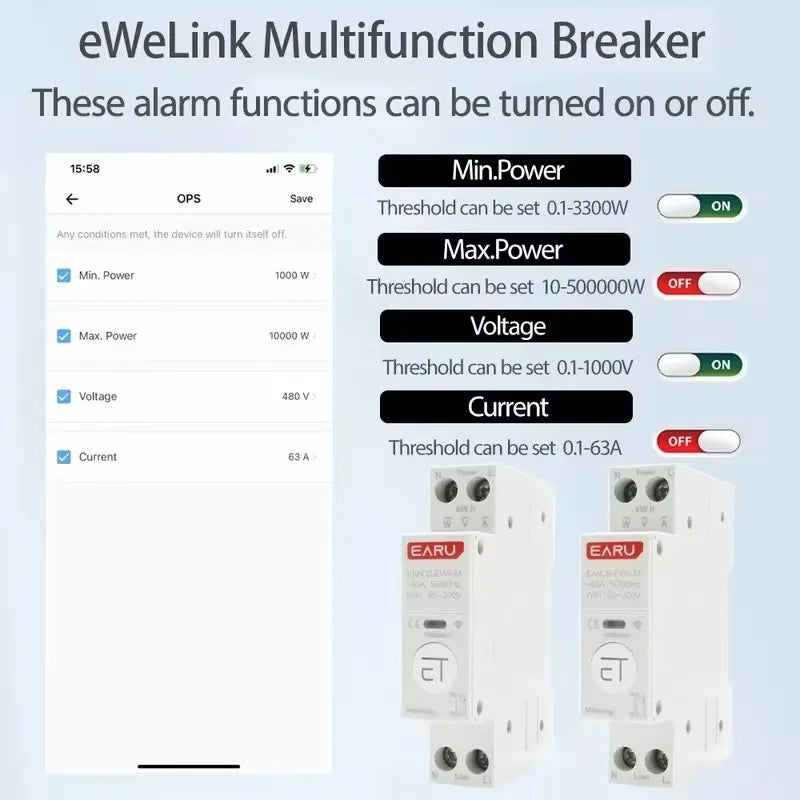 Tuya eWeLink 63A WiFi Smart Circuit Breaker with Remote Control and Energy Monitoring