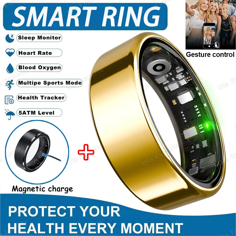 2025 Smart Ring: Heart Rate, Blood Pressure, Sleep Monitoring &amp; Motion Tracking Gold Cable / 12
