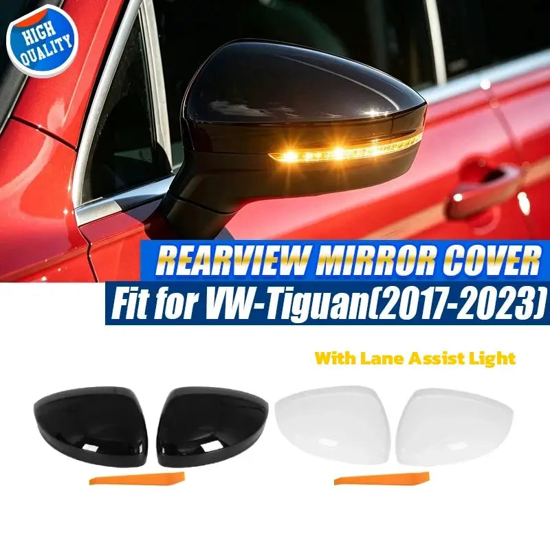 White Rearview Mirror Cover With Lane Assist Light For VW Tiguan 2017-2023 by InterCyprus Trading Ltd