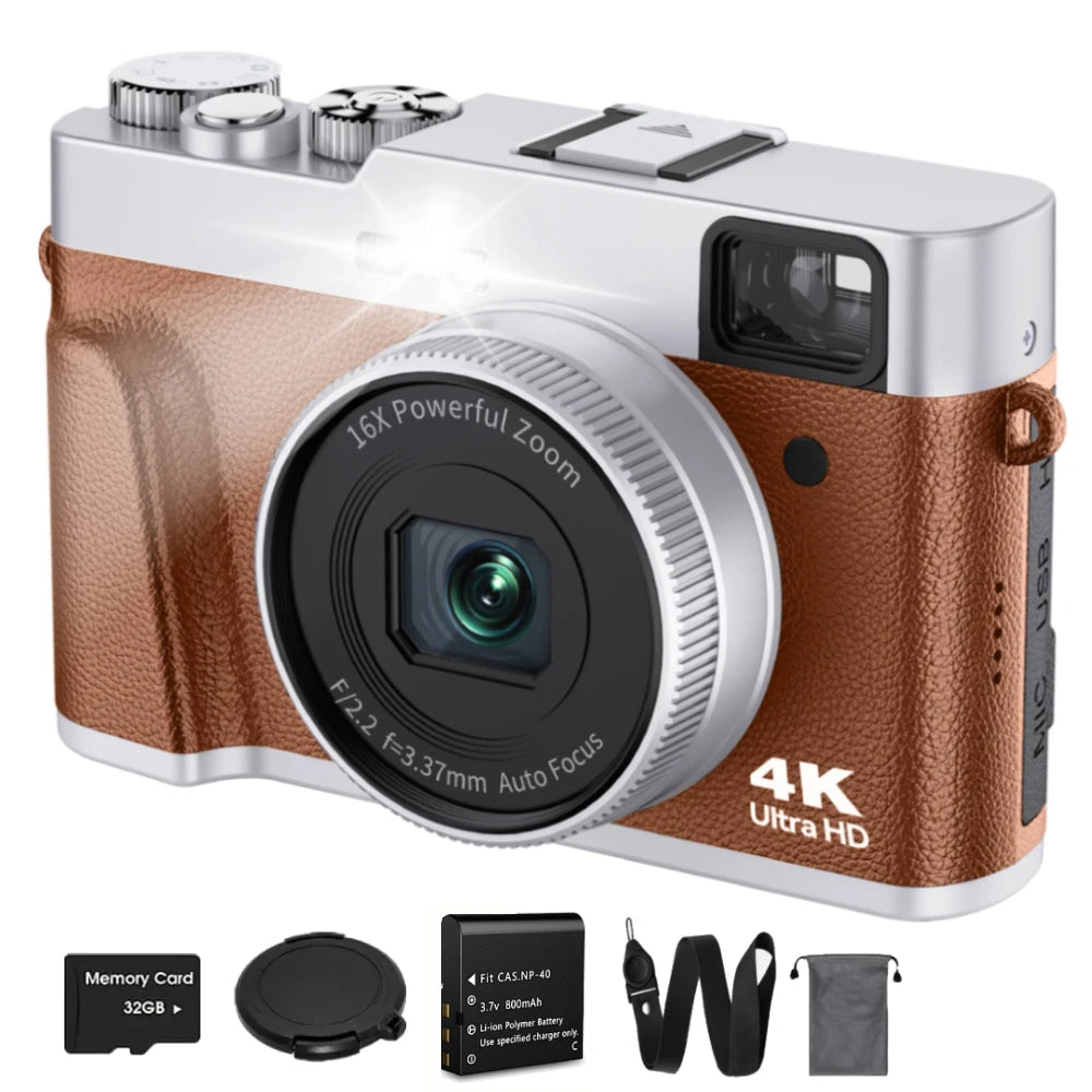 4K Digital Camera Auto Focus 48MP &ndash; Anti-Shake Vlogging Camera with Viewfinder and Flash Brown