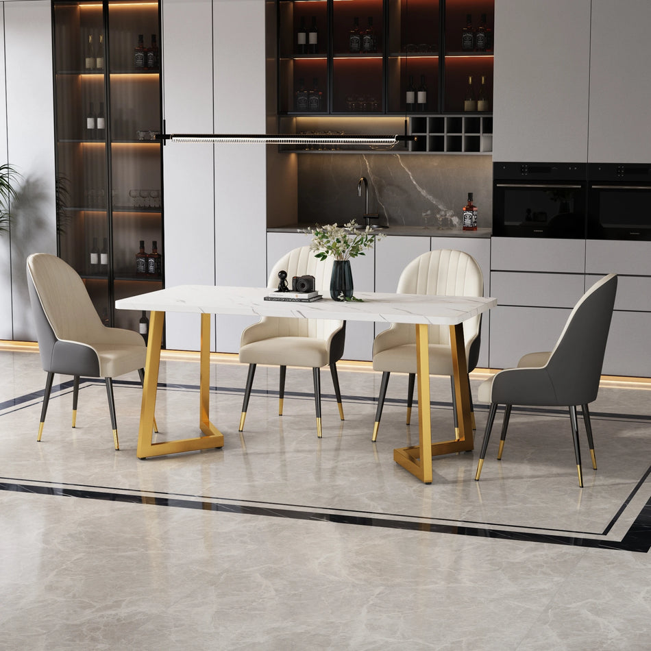 Modern Marble Pattern Dining Table 117x68cm Gold White