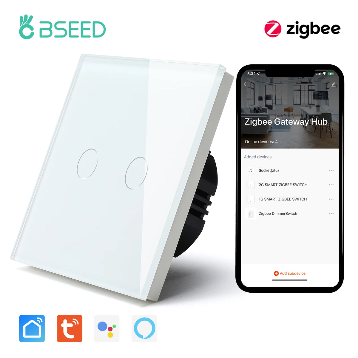 BSEED Zigbee 1 2 3 Gang 1 Way Smart Switch &ndash; Google Home White 2 Gang / CHINA / EU standard