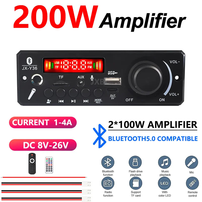 Bluetooth 5.0 Stereo Amplifier Board 200W With USB TF FM AUX Karaoke