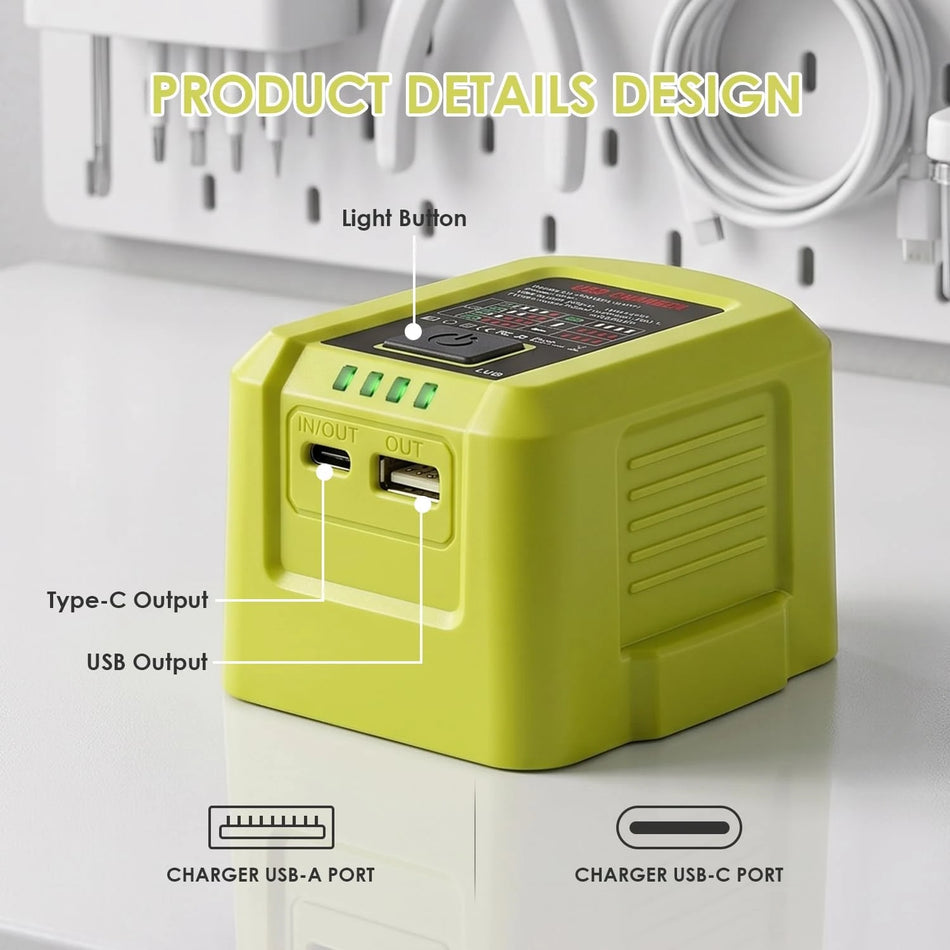 100W Portable USB Charger Compatible With Ryobi ONE Plus 18V Battery