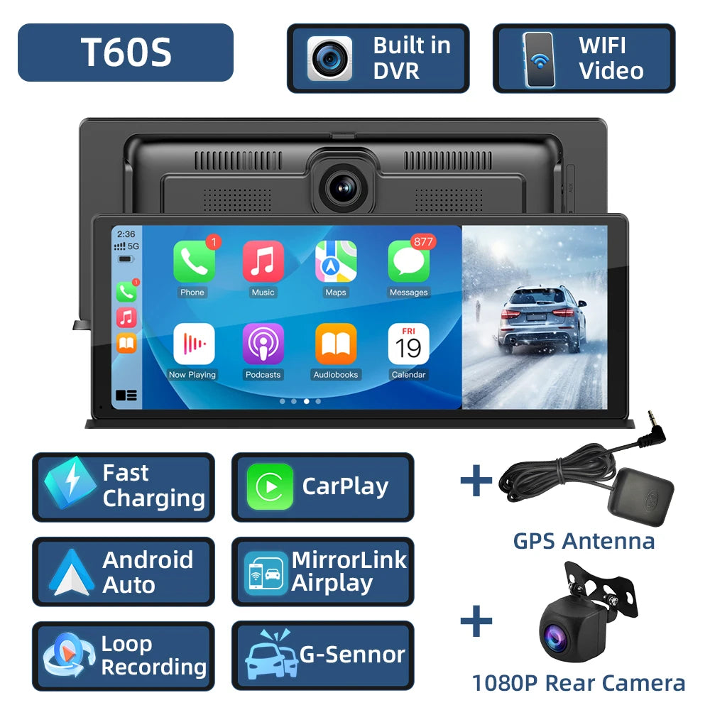 AKAMATE 11.3Inch DVR Car Dashcam &ndash; Wireless CarPlay T60S AHD GPS