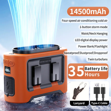 Mini Portable Waist Fan &ndash; 4 Speed Strong Wind with Power Bank 14500mAh Orange